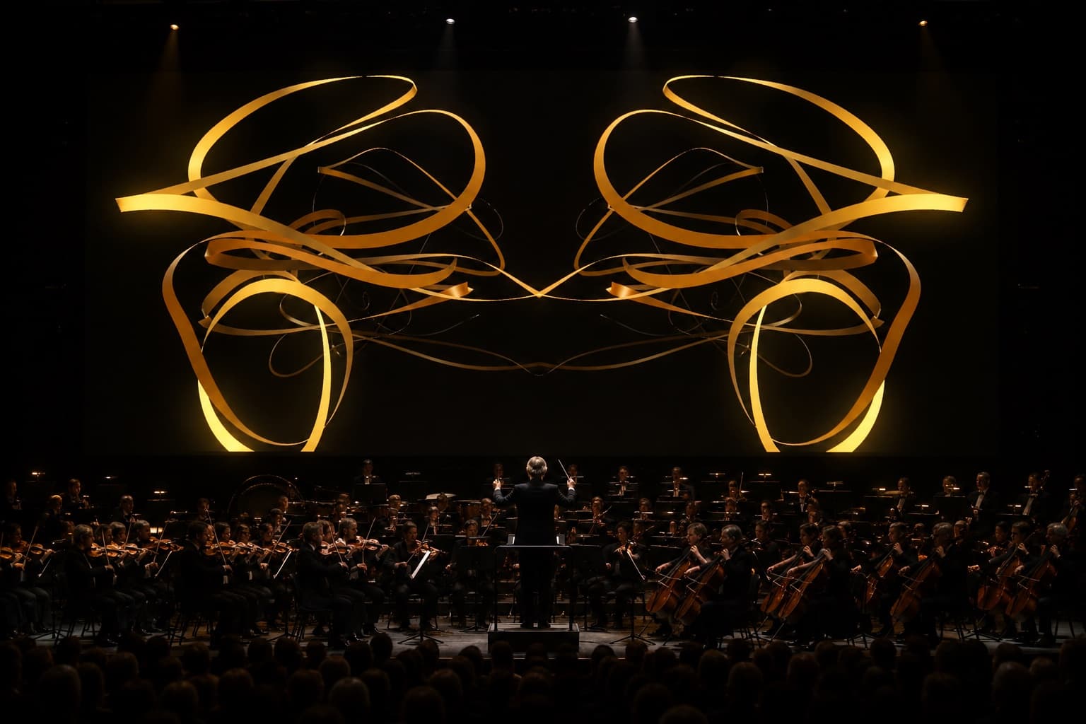 A symphony orchestra performing beneath a vast projection of golden MyMaestro energy ribbons